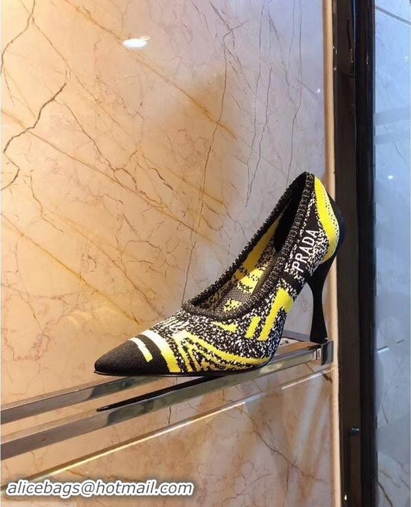 Faux Prada Heel 8.5cm Geometric Pattern Jacquard Knit Fabric Pointy Toe Pumps P94815 Yellow 2019