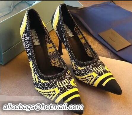 Faux Prada Heel 8.5cm Geometric Pattern Jacquard Knit Fabric Pointy Toe Pumps P94815 Yellow 2019