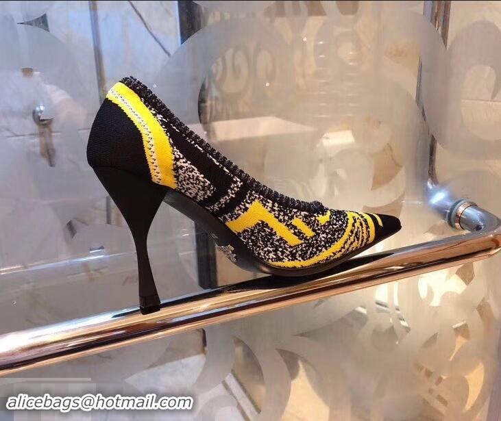 Faux Prada Heel 8.5cm Geometric Pattern Jacquard Knit Fabric Pointy Toe Pumps P94815 Yellow 2019