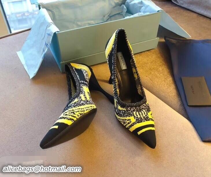 Faux Prada Heel 8.5cm Geometric Pattern Jacquard Knit Fabric Pointy Toe Pumps P94815 Yellow 2019