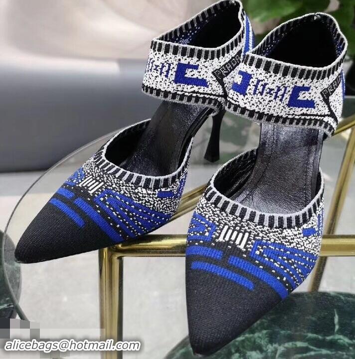 Luxury Prada Heel 8.5cm Geometric Pattern Jacquard Knit Fabric Pumps P94822 Blue 2019