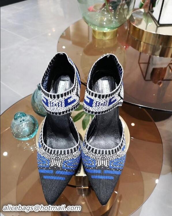 Luxury Prada Heel 8.5cm Geometric Pattern Jacquard Knit Fabric Pumps P94822 Blue 2019