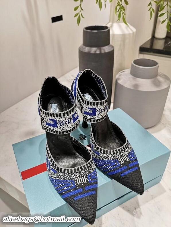 Luxury Prada Heel 8.5cm Geometric Pattern Jacquard Knit Fabric Pumps P94822 Blue 2019