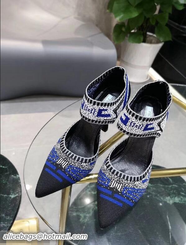 Luxury Prada Heel 8.5cm Geometric Pattern Jacquard Knit Fabric Pumps P94822 Blue 2019