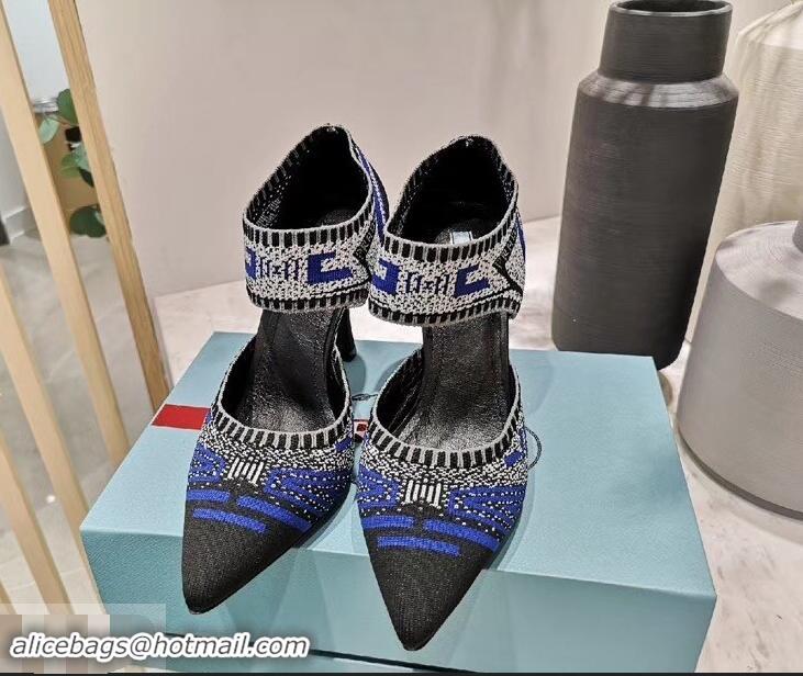 Luxury Prada Heel 8.5cm Geometric Pattern Jacquard Knit Fabric Pumps P94822 Blue 2019