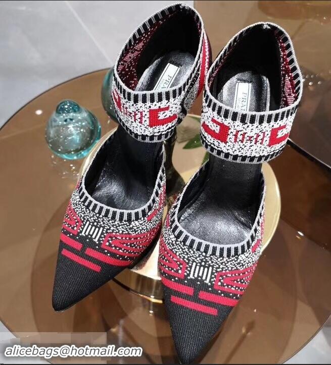 Buy Prada Heel 8.5cm Geometric Pattern Jacquard Knit Fabric Pumps P94822 Red 2019