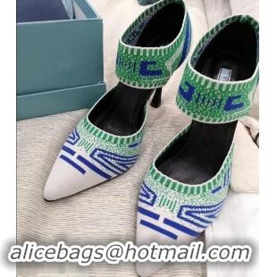 Faux Prada Heel 8.5cm Geometric Pattern Jacquard Knit Fabric Pumps P94822 White/Green 2019