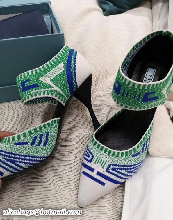 Faux Prada Heel 8.5cm Geometric Pattern Jacquard Knit Fabric Pumps P94822 White/Green 2019