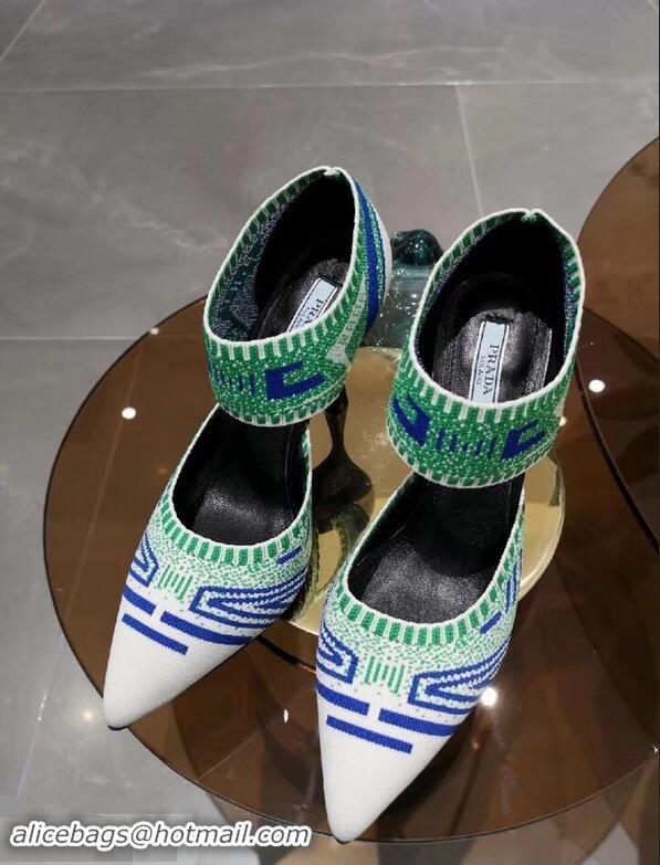 Faux Prada Heel 8.5cm Geometric Pattern Jacquard Knit Fabric Pumps P94822 White/Green 2019