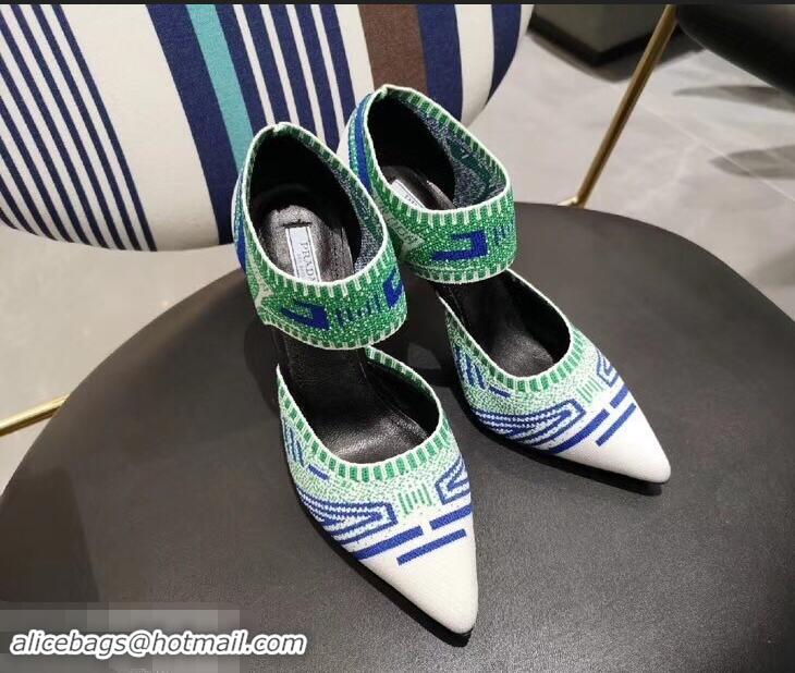 Faux Prada Heel 8.5cm Geometric Pattern Jacquard Knit Fabric Pumps P94822 White/Green 2019