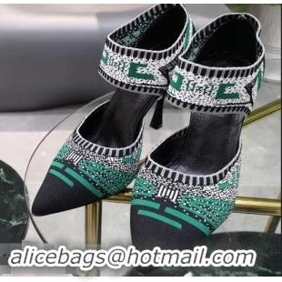 Imitation Prada Heel 8.5cm Geometric Pattern Jacquard Knit Fabric Pumps P94822 Black/Green 2019