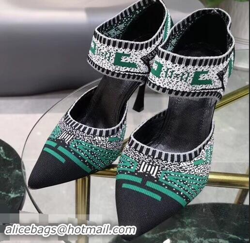 Imitation Prada Heel 8.5cm Geometric Pattern Jacquard Knit Fabric Pumps P94822 Black/Green 2019