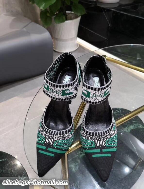 Imitation Prada Heel 8.5cm Geometric Pattern Jacquard Knit Fabric Pumps P94822 Black/Green 2019