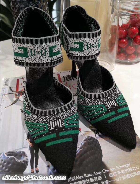 Imitation Prada Heel 8.5cm Geometric Pattern Jacquard Knit Fabric Pumps P94822 Black/Green 2019