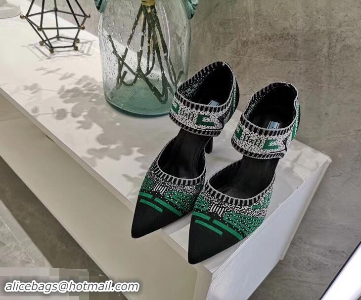 Imitation Prada Heel 8.5cm Geometric Pattern Jacquard Knit Fabric Pumps P94822 Black/Green 2019