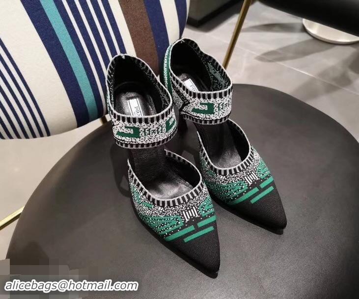 Imitation Prada Heel 8.5cm Geometric Pattern Jacquard Knit Fabric Pumps P94822 Black/Green 2019