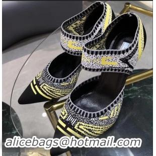 Wholesale Prada Heel 8.5cm Geometric Pattern Jacquard Knit Fabric Pumps P94822 Yellow 2019