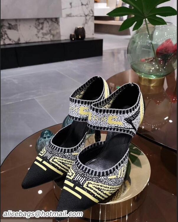 Wholesale Prada Heel 8.5cm Geometric Pattern Jacquard Knit Fabric Pumps P94822 Yellow 2019