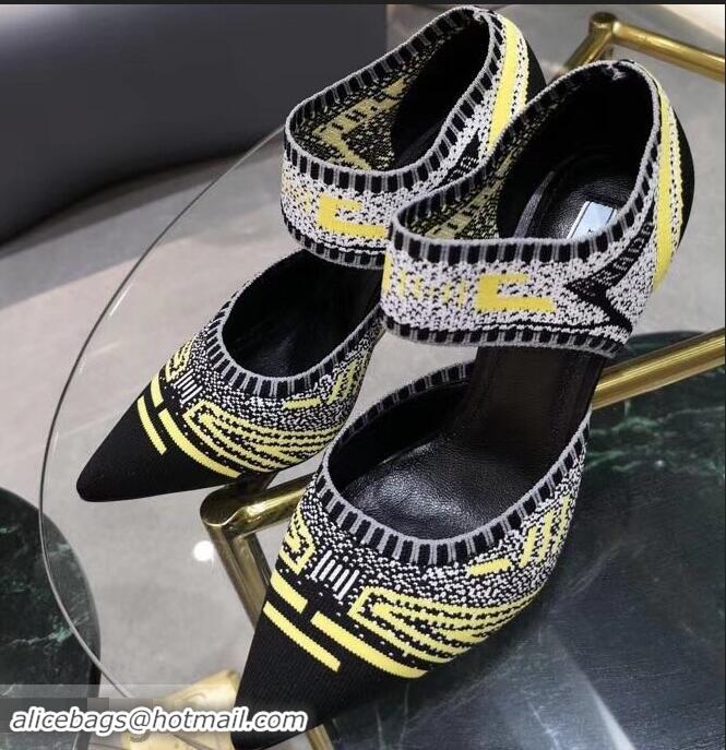 Wholesale Prada Heel 8.5cm Geometric Pattern Jacquard Knit Fabric Pumps P94822 Yellow 2019