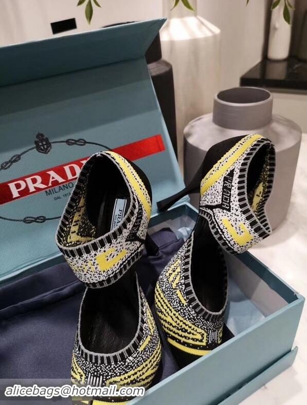 Wholesale Prada Heel 8.5cm Geometric Pattern Jacquard Knit Fabric Pumps P94822 Yellow 2019