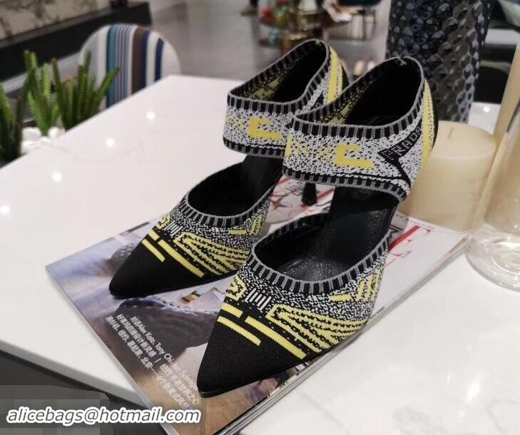 Wholesale Prada Heel 8.5cm Geometric Pattern Jacquard Knit Fabric Pumps P94822 Yellow 2019