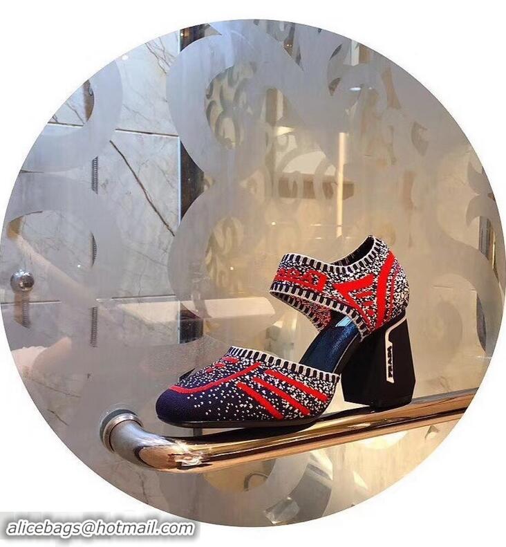 Hot Sell Prada Geometric Pattern Jacquard Knit Fabric Pumps P94828 Red/Blue 2019