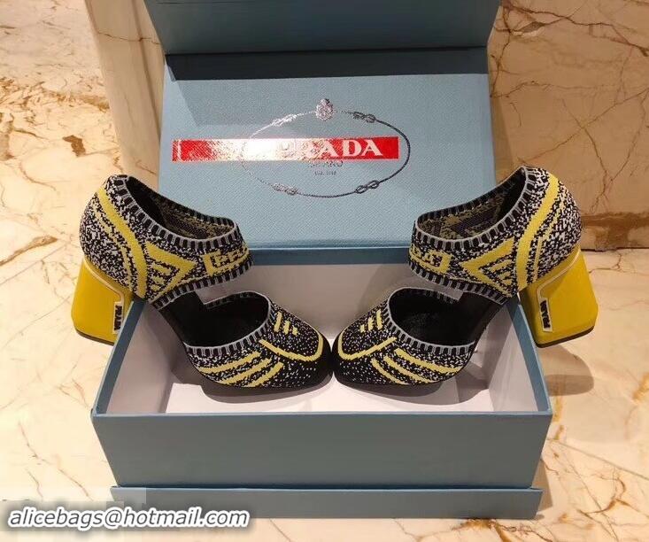 Duplicate Prada Geometric Pattern Jacquard Knit Fabric Pumps P94828 Yellow 2019