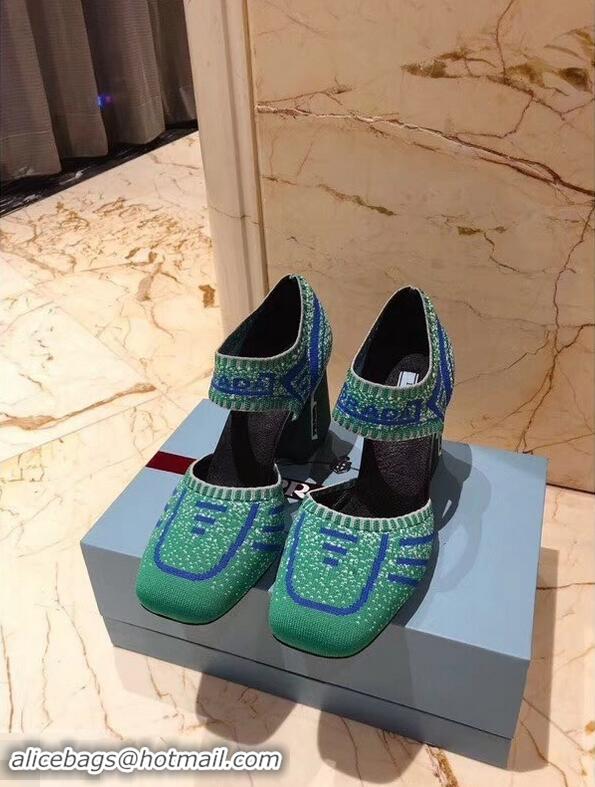 Imitation Prada Geometric Pattern Jacquard Knit Fabric Pumps P94828 Green 2019