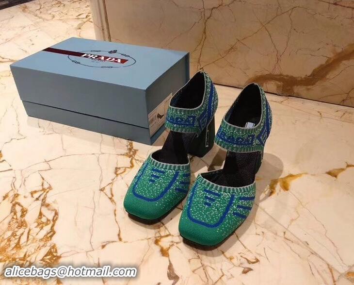 Imitation Prada Geometric Pattern Jacquard Knit Fabric Pumps P94828 Green 2019