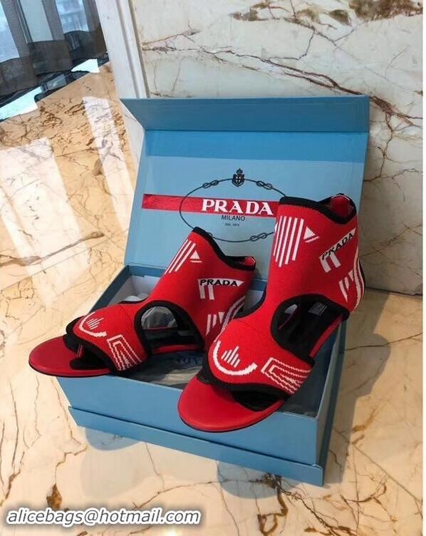 Fashion Prada Geometric Pattern Jacquard Knit Fabric Flat Sandals P94835 Red 2019