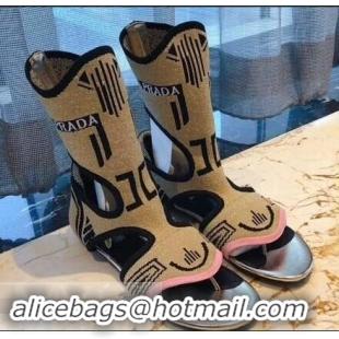 Imitation Prada Geometric Pattern Jacquard Knit Fabric Sock Sandals P94843 Camel 2019