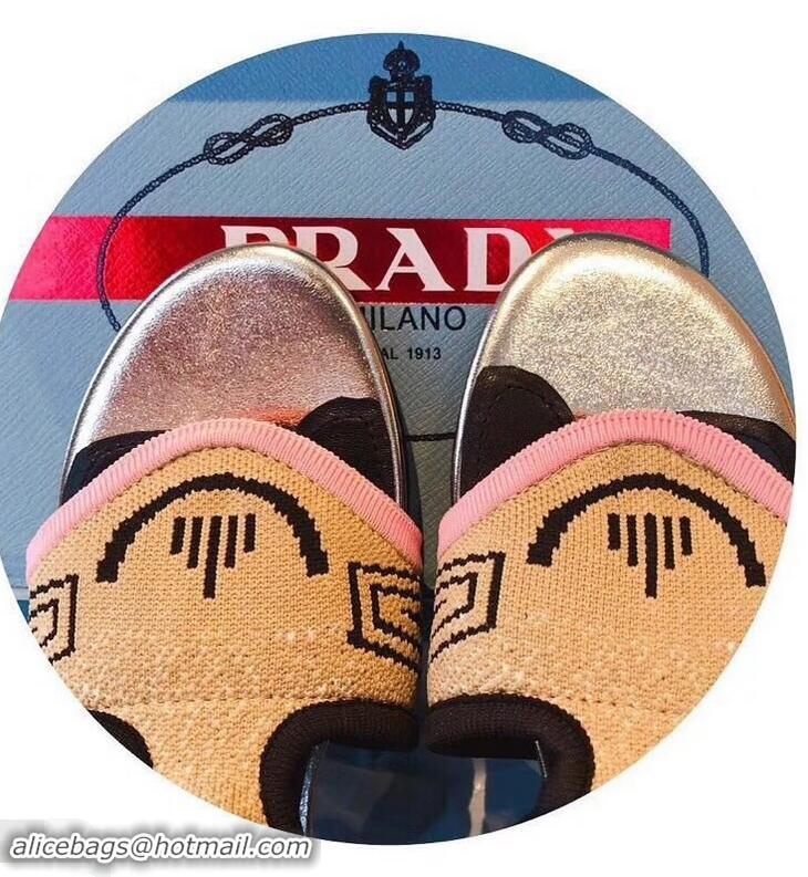 Imitation Prada Geometric Pattern Jacquard Knit Fabric Sock Sandals P94843 Camel 2019