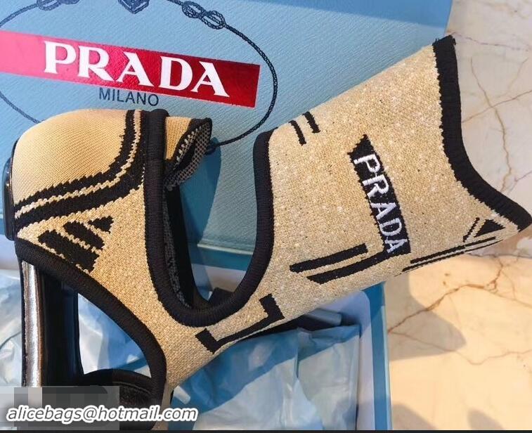 Imitation Prada Geometric Pattern Jacquard Knit Fabric Sock Sandals P94843 Camel 2019