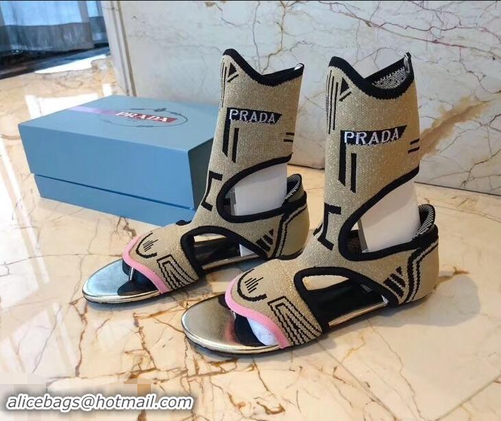 Imitation Prada Geometric Pattern Jacquard Knit Fabric Sock Sandals P94843 Camel 2019