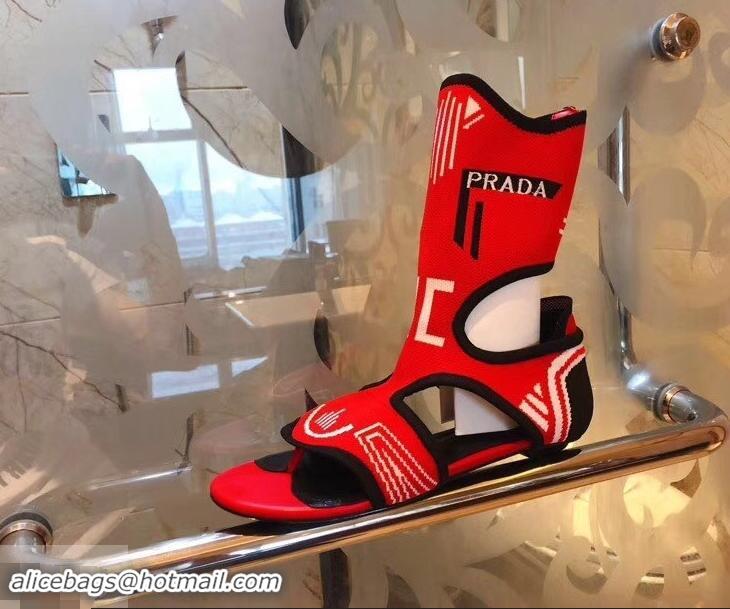 Grade Prada Geometric Pattern Jacquard Knit Fabric Sock Sandals P94843 Red 2019