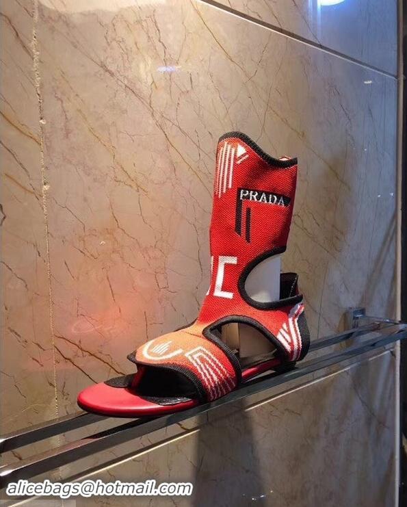 Grade Prada Geometric Pattern Jacquard Knit Fabric Sock Sandals P94843 Red 2019