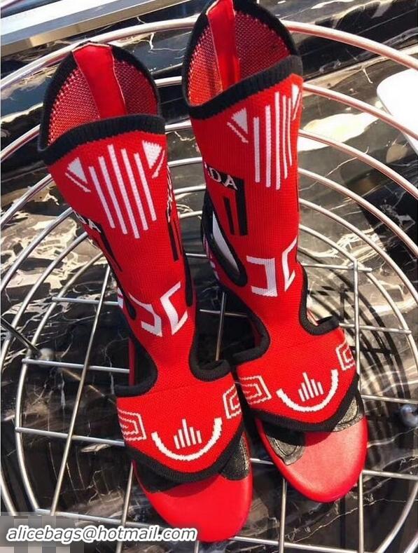 Grade Prada Geometric Pattern Jacquard Knit Fabric Sock Sandals P94843 Red 2019