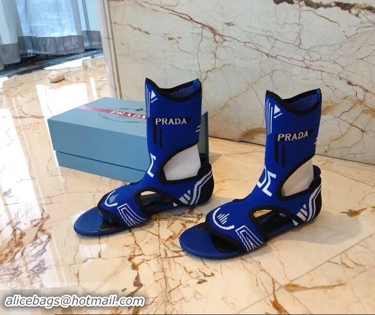 Original Prada Geometric Pattern Jacquard Knit Fabric Sock Sandals P94843 Blue 2019