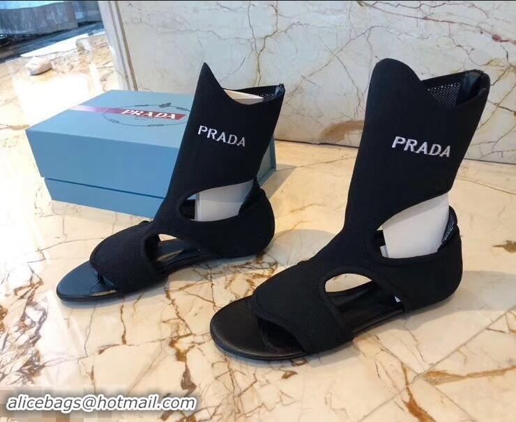 Super Quality Prada Geometric Pattern Jacquard Knit Fabric Sock Sandals P94843 Black 2019