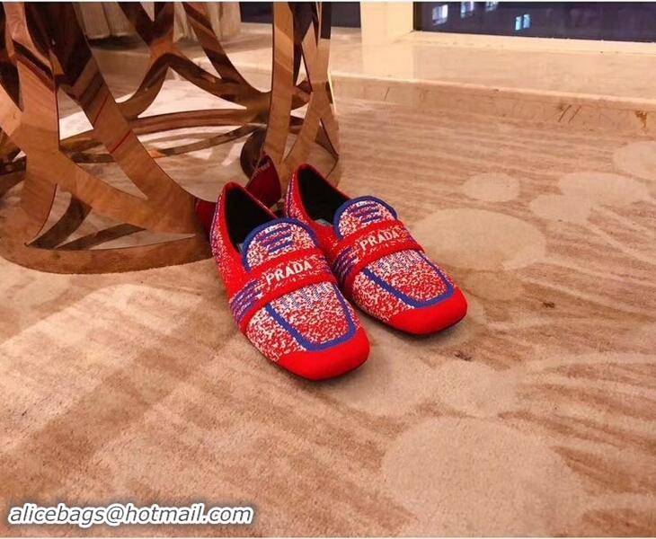 Pretty Style Prada Geometric Pattern Semi-stretch Jacquard Knit Fabric Loafers P94851 Red 2019