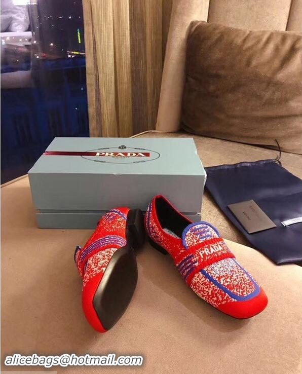 Pretty Style Prada Geometric Pattern Semi-stretch Jacquard Knit Fabric Loafers P94851 Red 2019