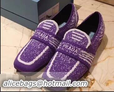 Good Quality Prada Geometric Pattern Semi-stretch Jacquard Knit Fabric Loafers P94851 Purple 2019