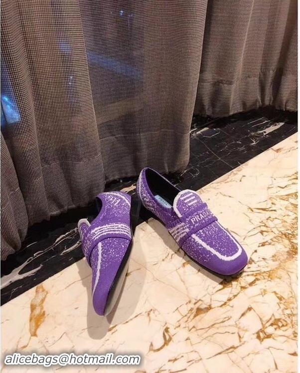 Good Quality Prada Geometric Pattern Semi-stretch Jacquard Knit Fabric Loafers P94851 Purple 2019