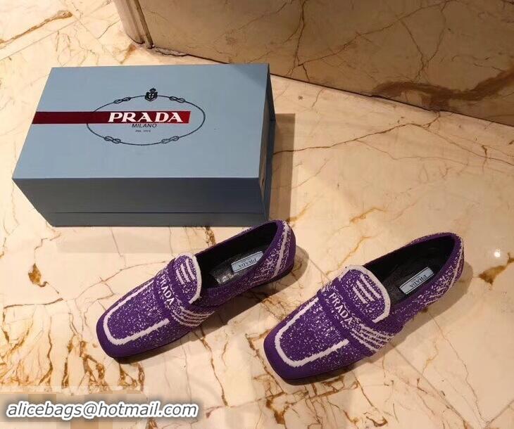 Good Quality Prada Geometric Pattern Semi-stretch Jacquard Knit Fabric Loafers P94851 Purple 2019