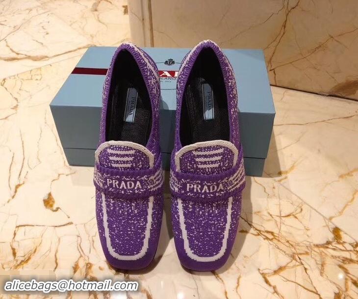 Good Quality Prada Geometric Pattern Semi-stretch Jacquard Knit Fabric Loafers P94851 Purple 2019