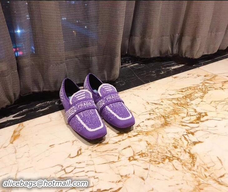 Good Quality Prada Geometric Pattern Semi-stretch Jacquard Knit Fabric Loafers P94851 Purple 2019