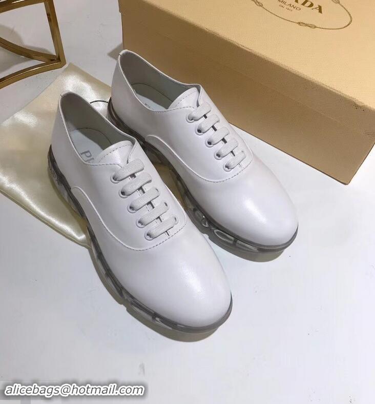 Grade Cheap Prada Leather Oxford Shoes With Rubber Sole P96610 White 2019