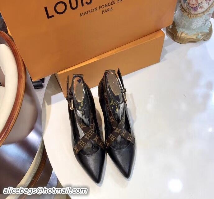 Buy Louis Vuitton Heel 10.5cm Matchmake Pumps Cross Straps Leather LV82908 Black/Monogram Canvas 2019