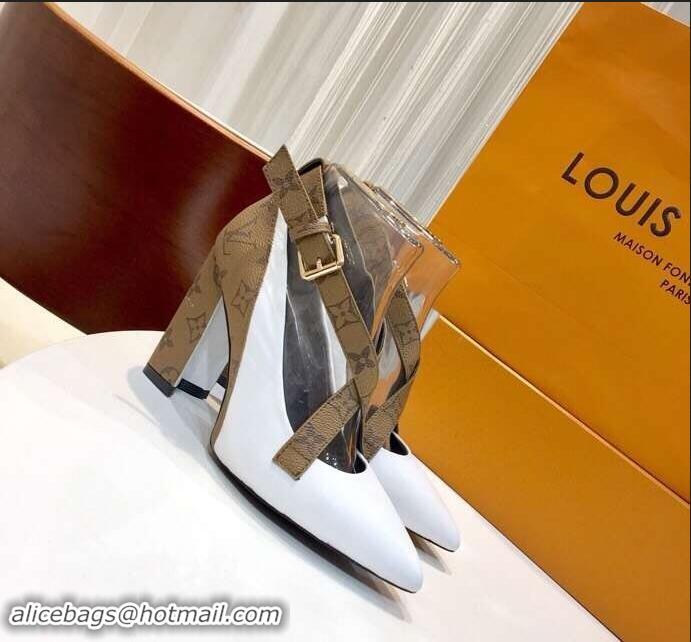 Faux Louis Vuitton Heel 10.5cm Matchmake Pumps Cross Straps Leather LV82908 White/Monogram Reverse Canvas 2019