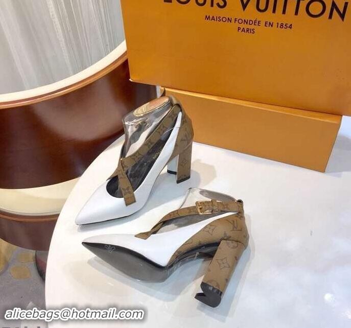 Faux Louis Vuitton Heel 10.5cm Matchmake Pumps Cross Straps Leather LV82908 White/Monogram Reverse Canvas 2019